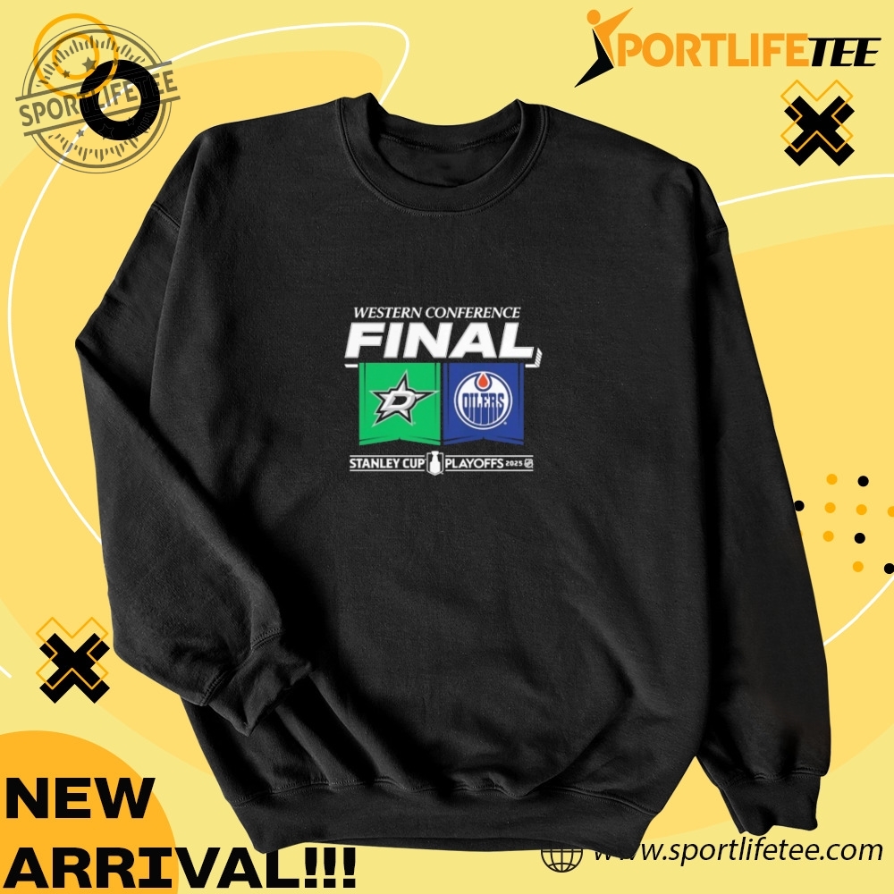 Dallas Stars Vs. Edmonton Oilers 2025 Western Conference Finals Matchup Center Ice Shirt 4 Dallas Stars vs. Edmonton Oilers 2025 Western Conference Finals Matchup Center Ice Shirt